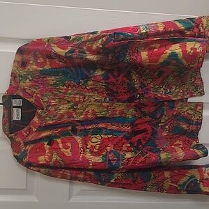 Chico multi color embroidery jacket. Sheer spots throughout jacket. No pockets